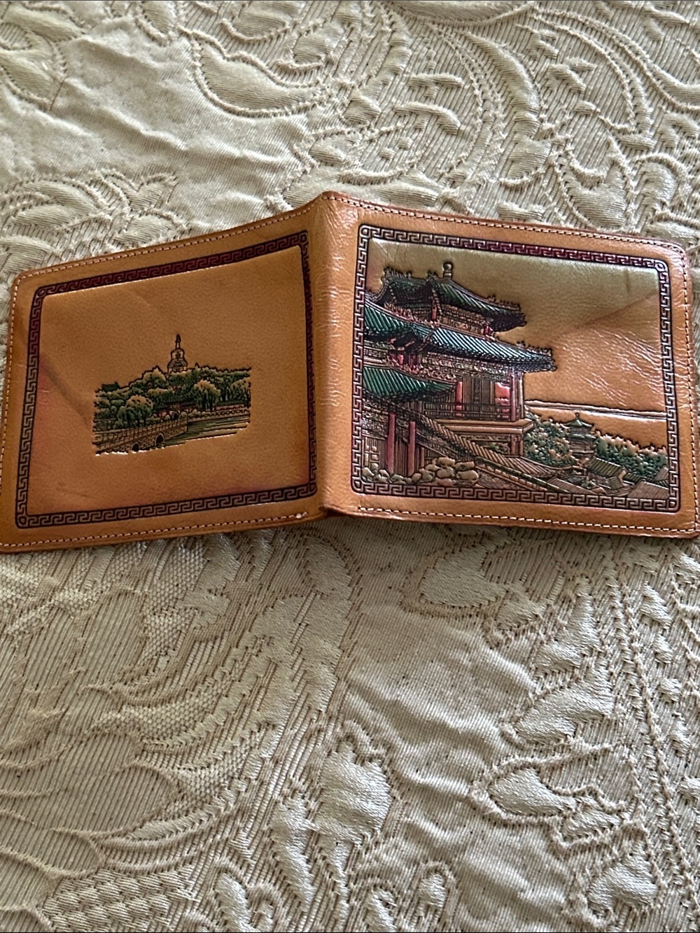Classic Tan Leather Key & Card Holder with Embossed Pagoda Design
